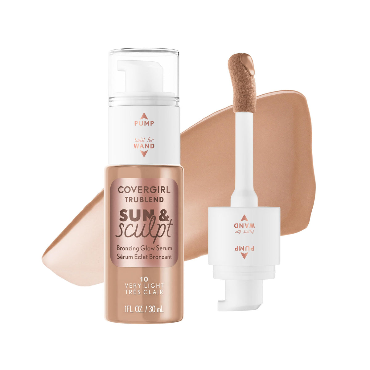 COVERGIRL front packaging showing bronzing serum and dual applicator for easy use