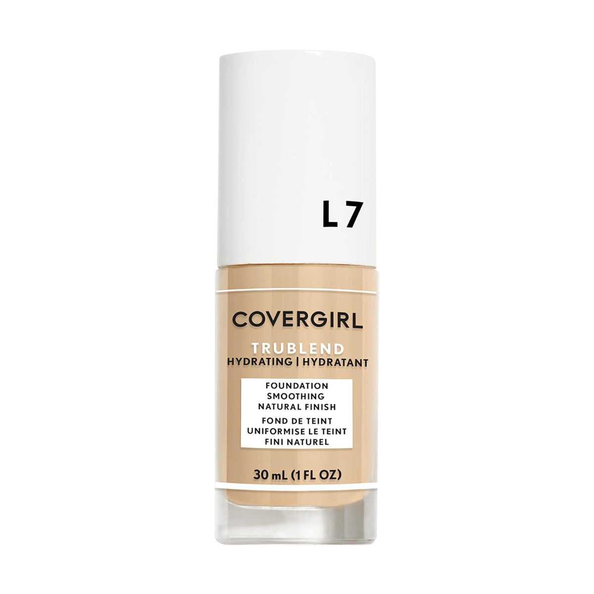 COVERGIRL truBlend front packaging showing bottle and shade Warm Beige benefits even tone