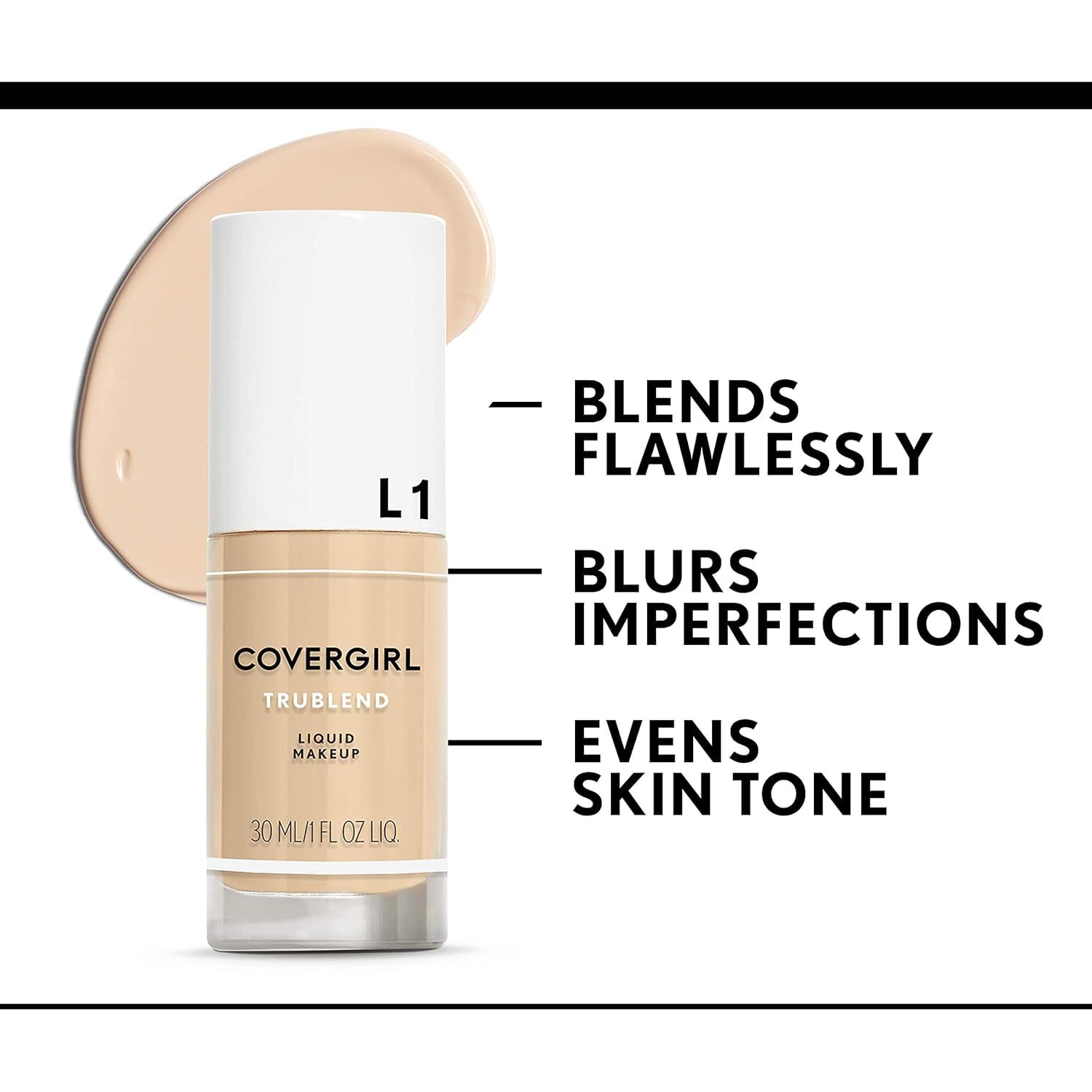 COVERGIRL bottle next to a 1 fl oz scale showing compact travel-friendly size