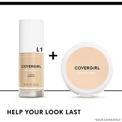COVERGIRL truBlend bottle next to ruler illustrating 1 oz size and travel-friendly benefit