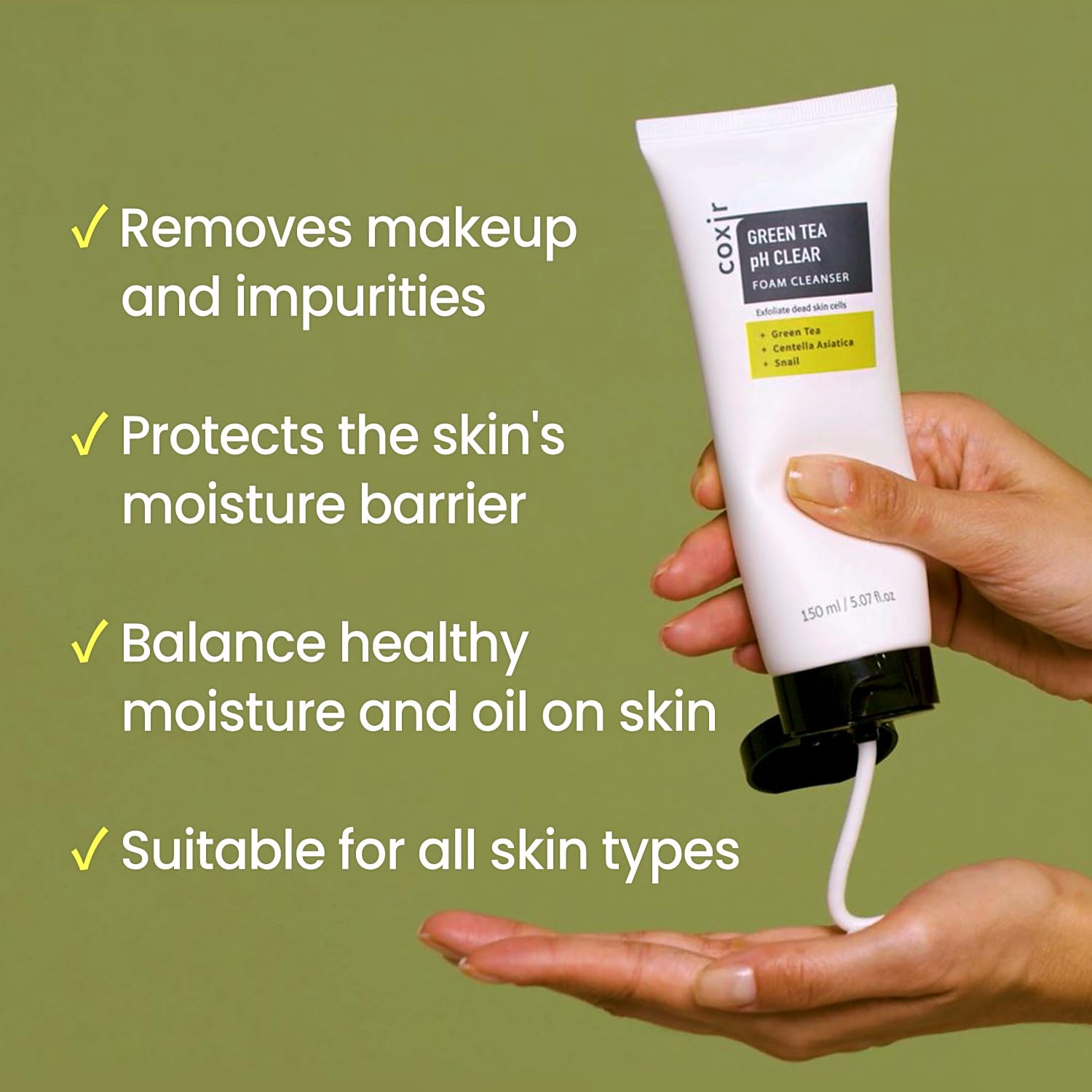 coxir foam on face example, highlights gentle cleansing without abrasion benefit