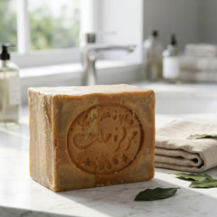 cozy soap Aleppo lifestyle bathroom staged to show gentle cleansing and sustainable use