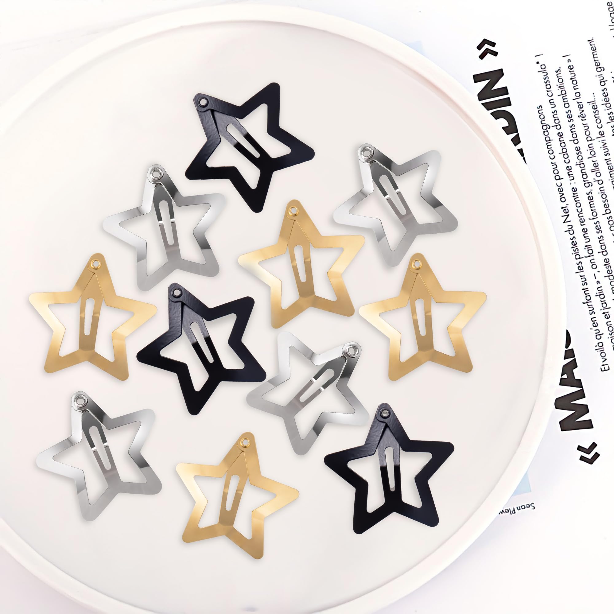Cptots black gold silver star clips fanned out showing color mix for easy matching