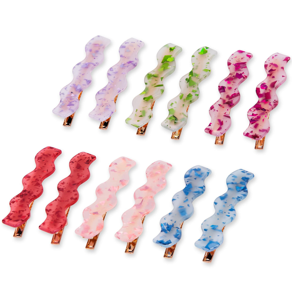 Cptots front view of twelve colorful barrettes, easy outfit matching