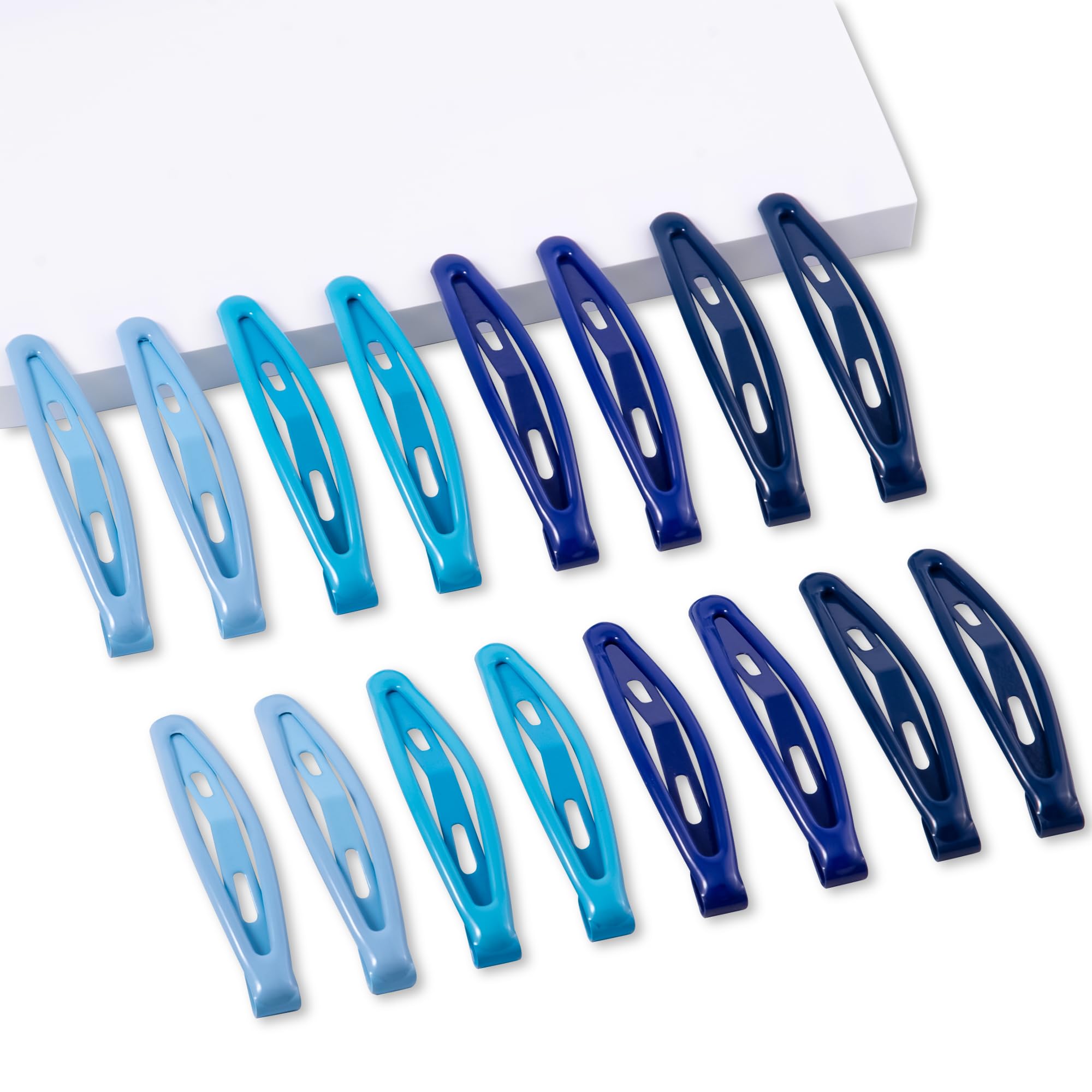 Cptots front packaging showing 16 blue metal snap barrettes, easy organization