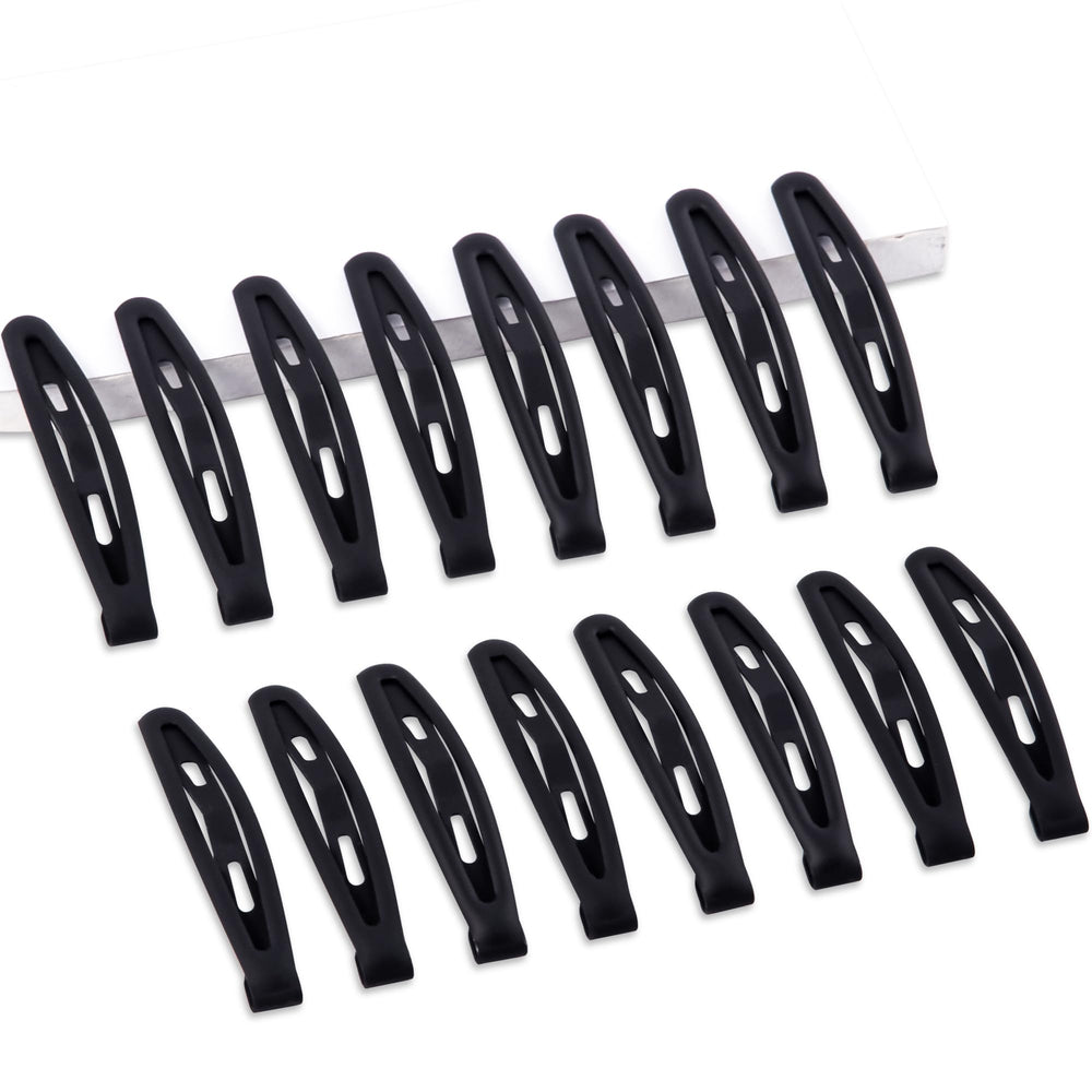 Cptots front view of 16 matte black snap clips showing compact pack and versatility