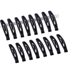 Cptots front view of 16 matte black snap clips showing compact pack and versatility