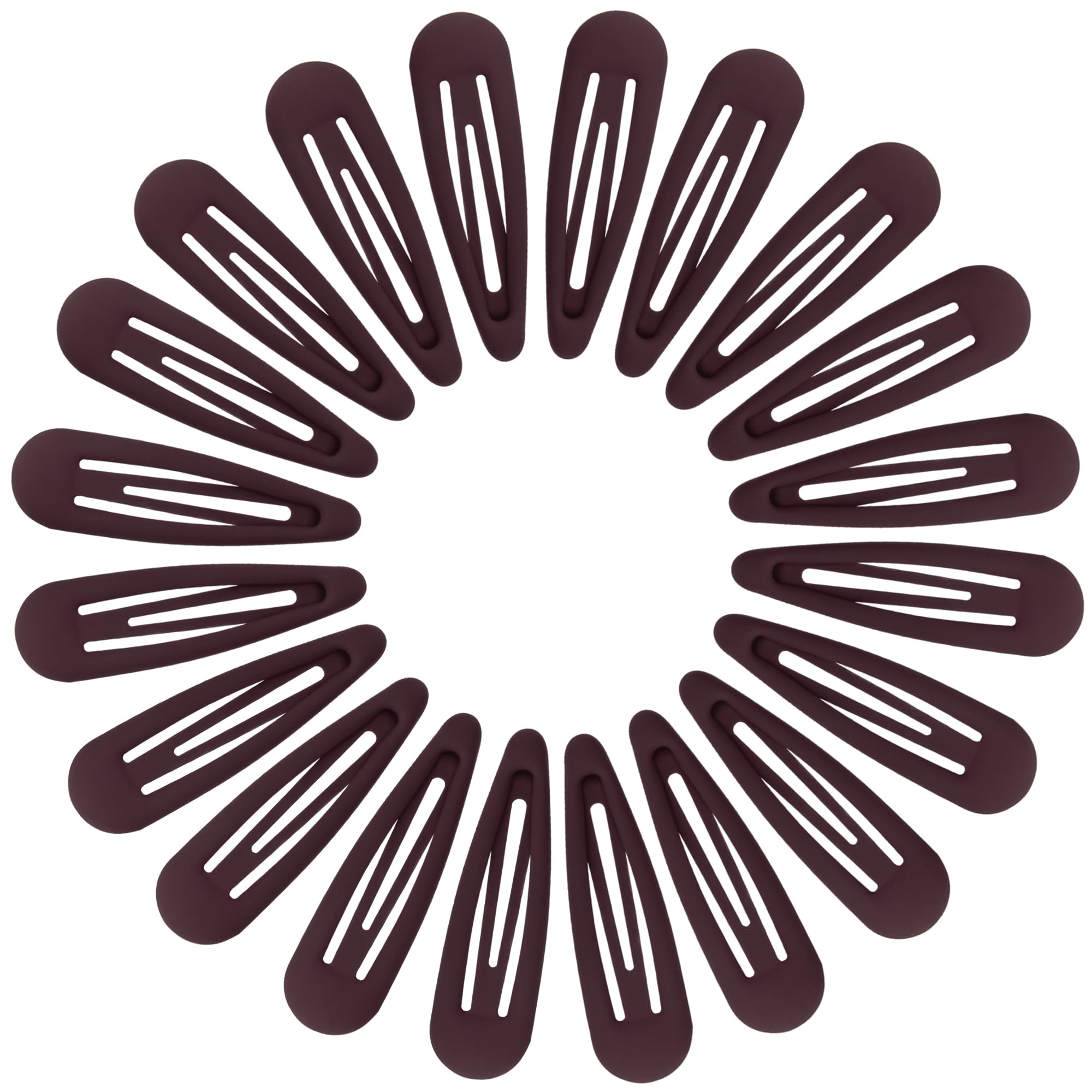 Cptots front view of 20 matte dark red snap clips, tidy storage benefit