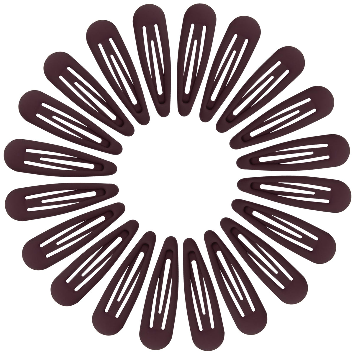 Cptots front view of 20 matte dark red snap clips, tidy storage benefit