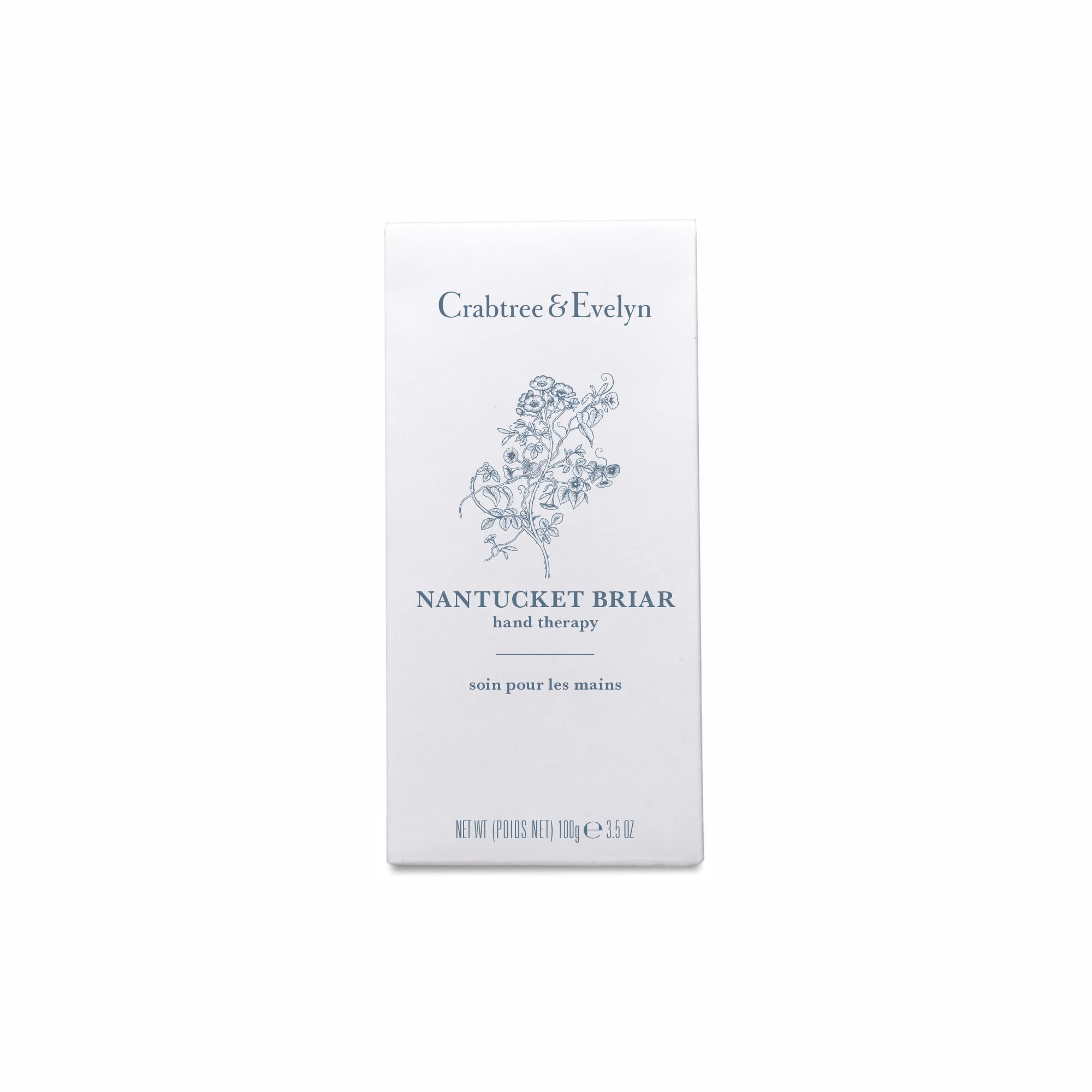 Crabtree & Evelyn boxed tube beside coin showing 3.5 oz scale and travel-friendly benefit