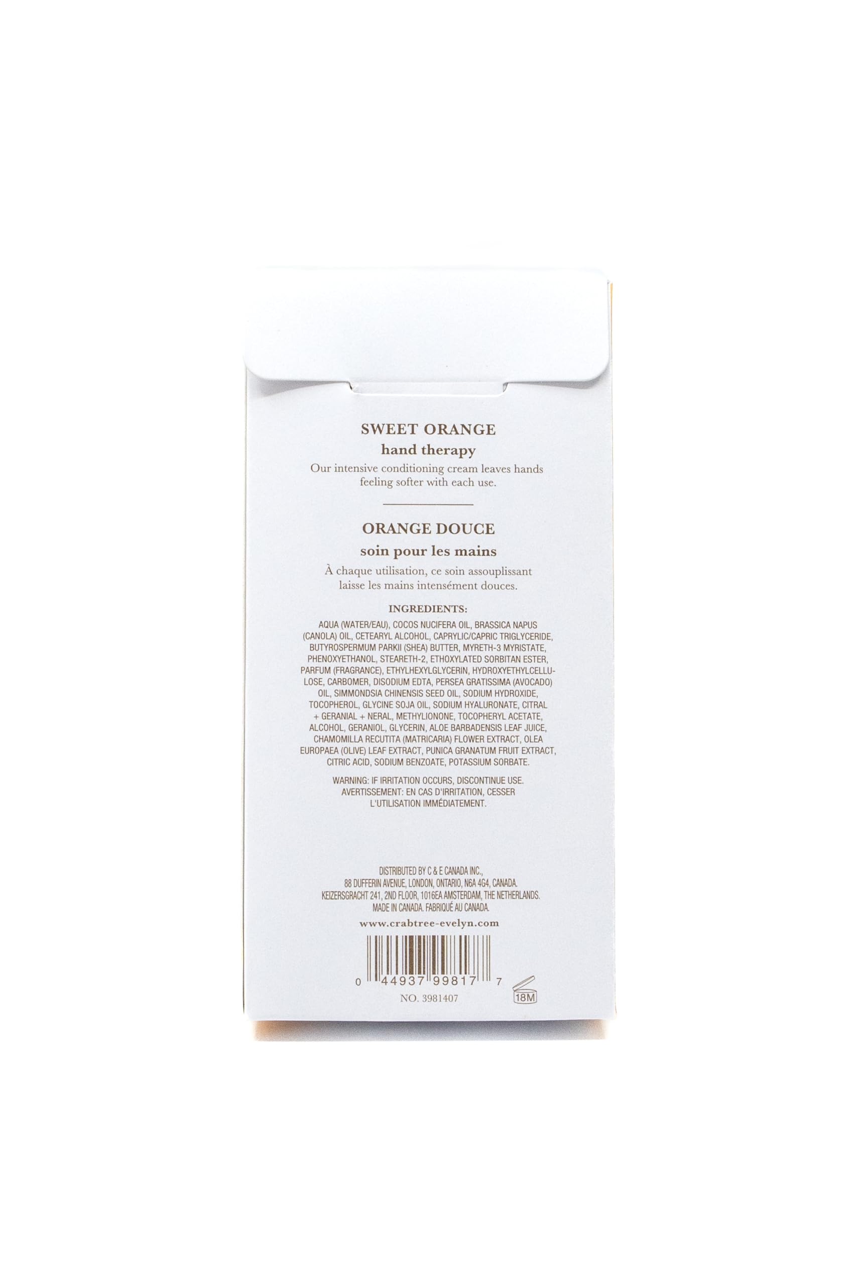 Crabtree & Evelyn Sweet Orange cream texture in palm demonstrating non-greasy hydration and quick absorption