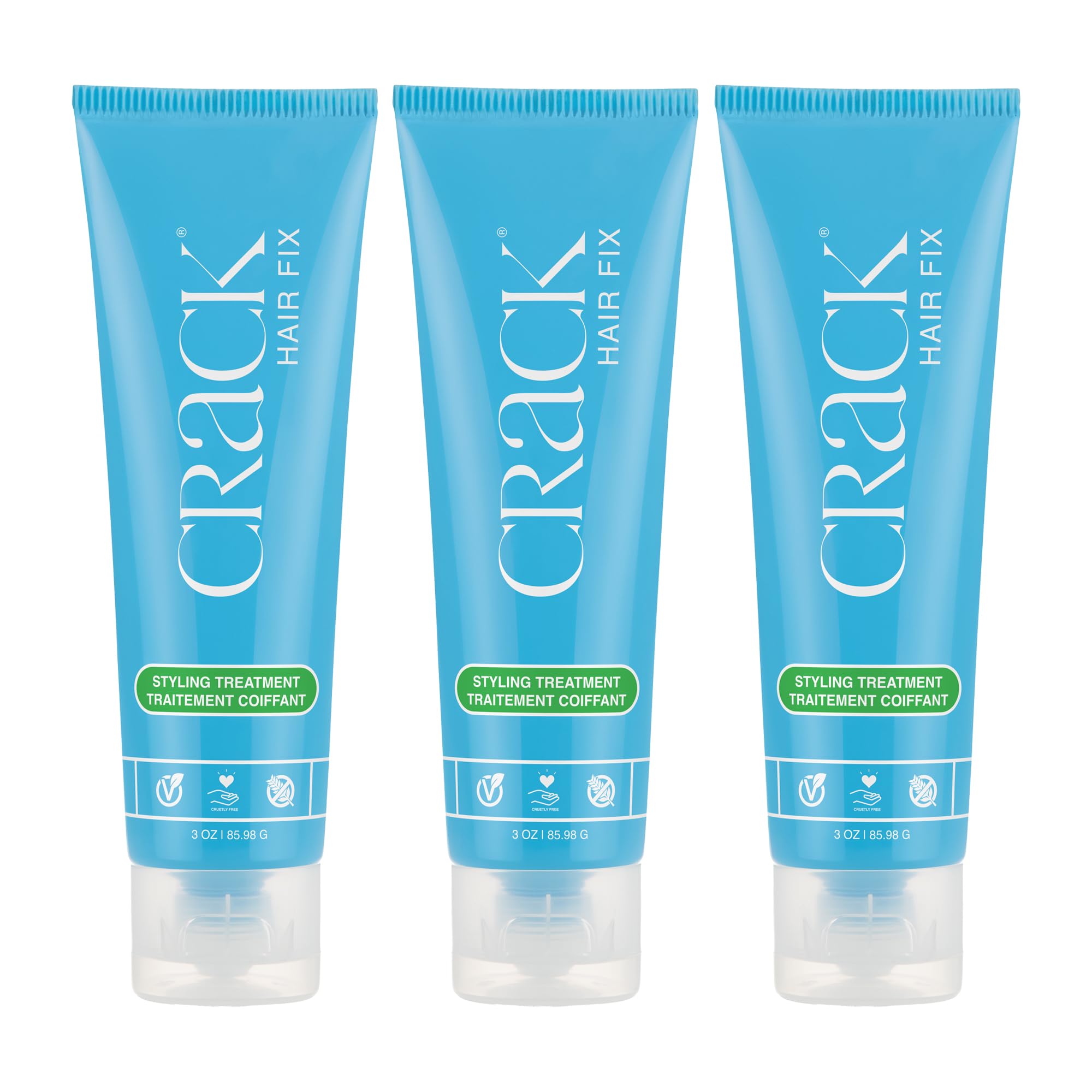Crack front packaging showing three 3 oz tubes and benefits