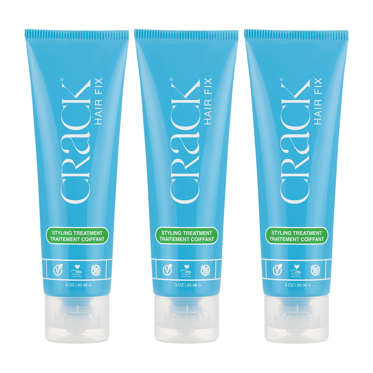 Crack front packaging showing three 3 oz tubes and benefits