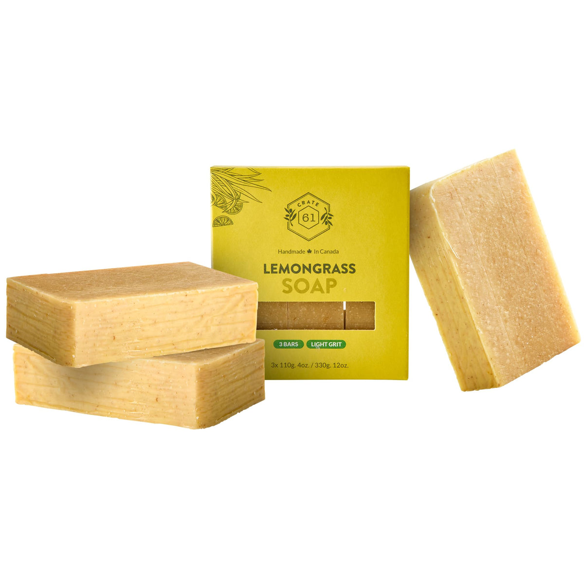 Crate 61 Organics front packaging showing three lemongrass bars and recycled box benefit