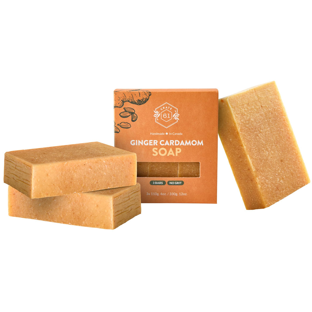 Crate 61 Organics front packaging showing Ginger Cardamom scent and benefits