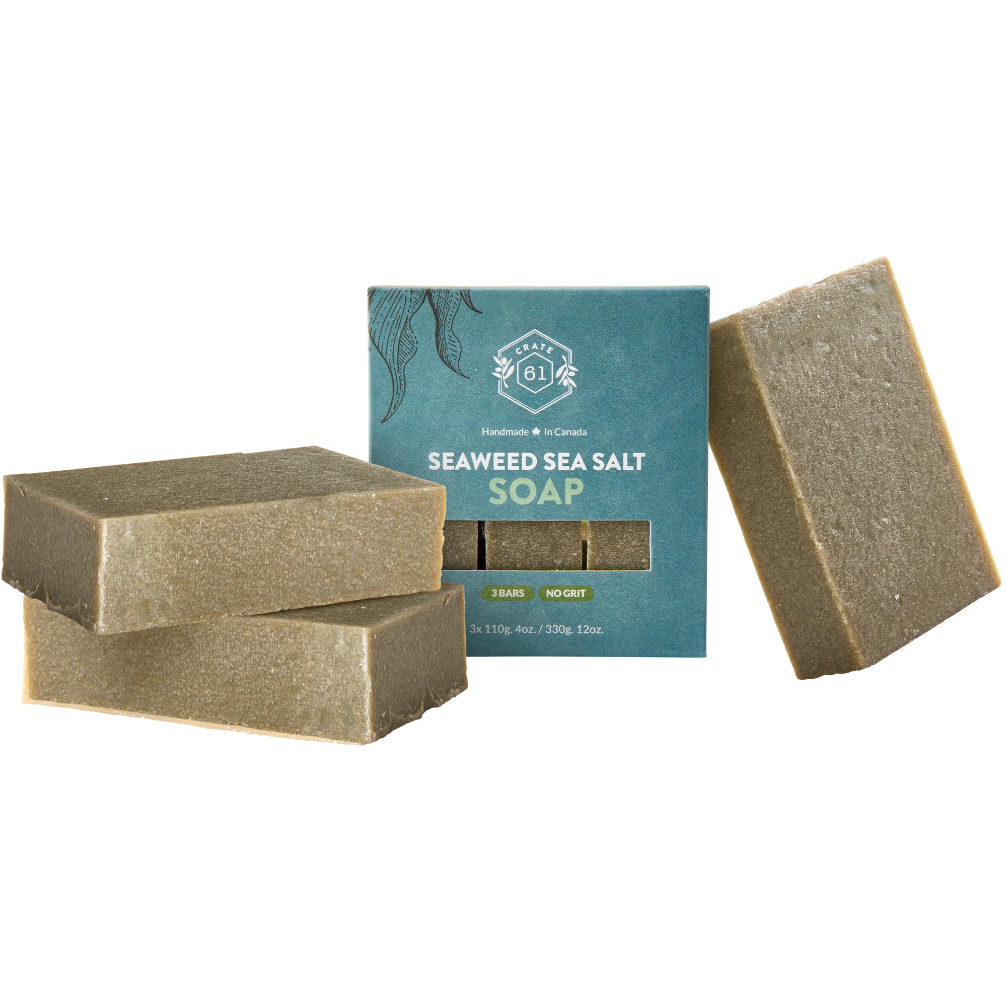 Crate 61 Organics front packaging showing three seaweed sea salt bars, sustainable gift