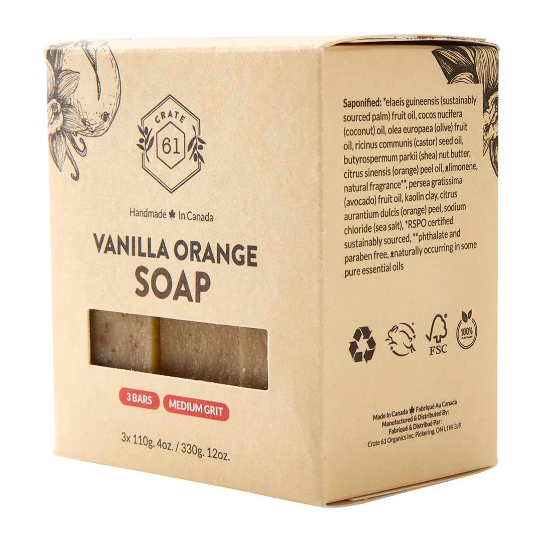 Crate 61 Organics three bars displayed highlighting vanilla orange scent appeal