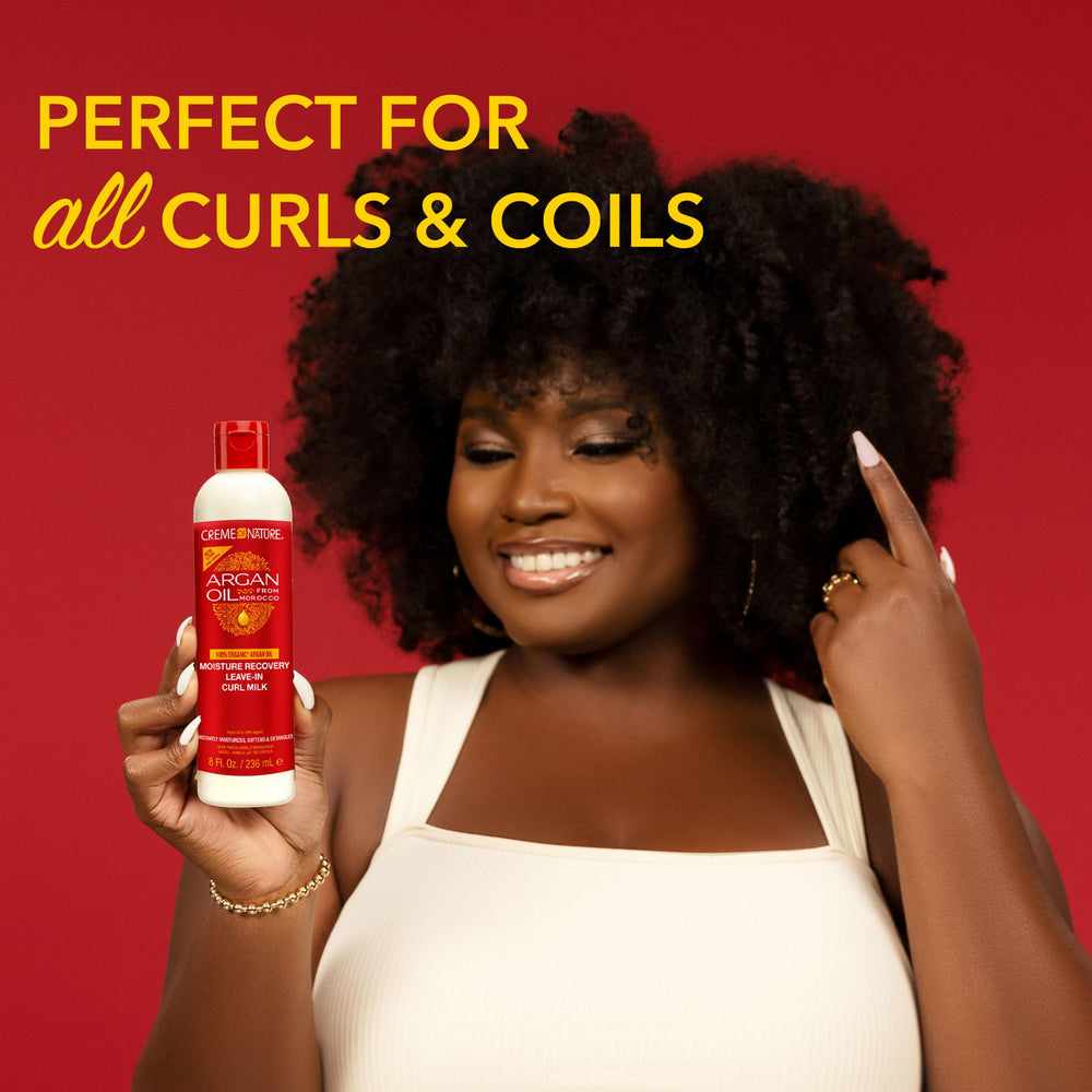 Creme of Nature curl milk texture close-up showing non-greasy absorption benefit