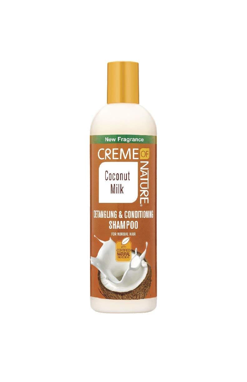 Creme of Nature bottle front view showing label and creamy conditioner for easy detangling