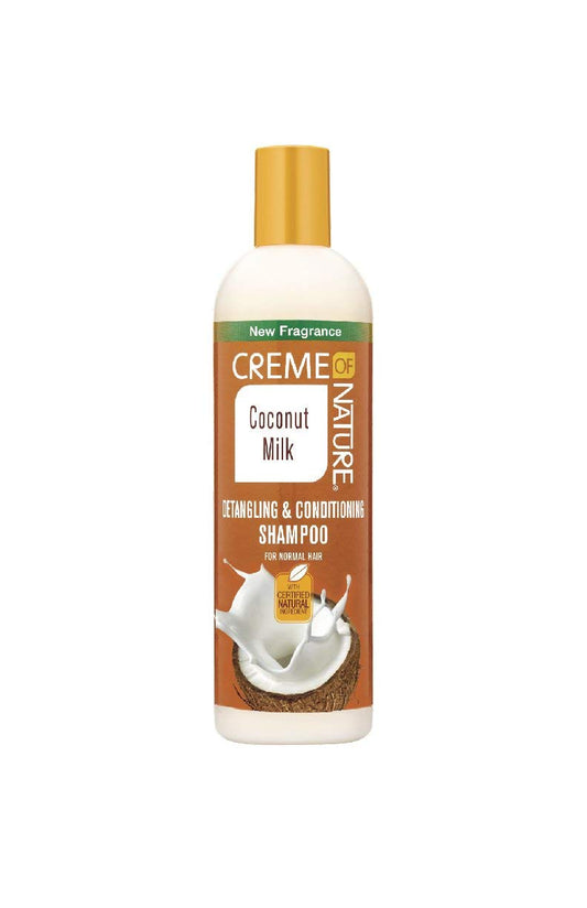 Creme of Nature bottle front view showing label and creamy conditioner for easy detangling