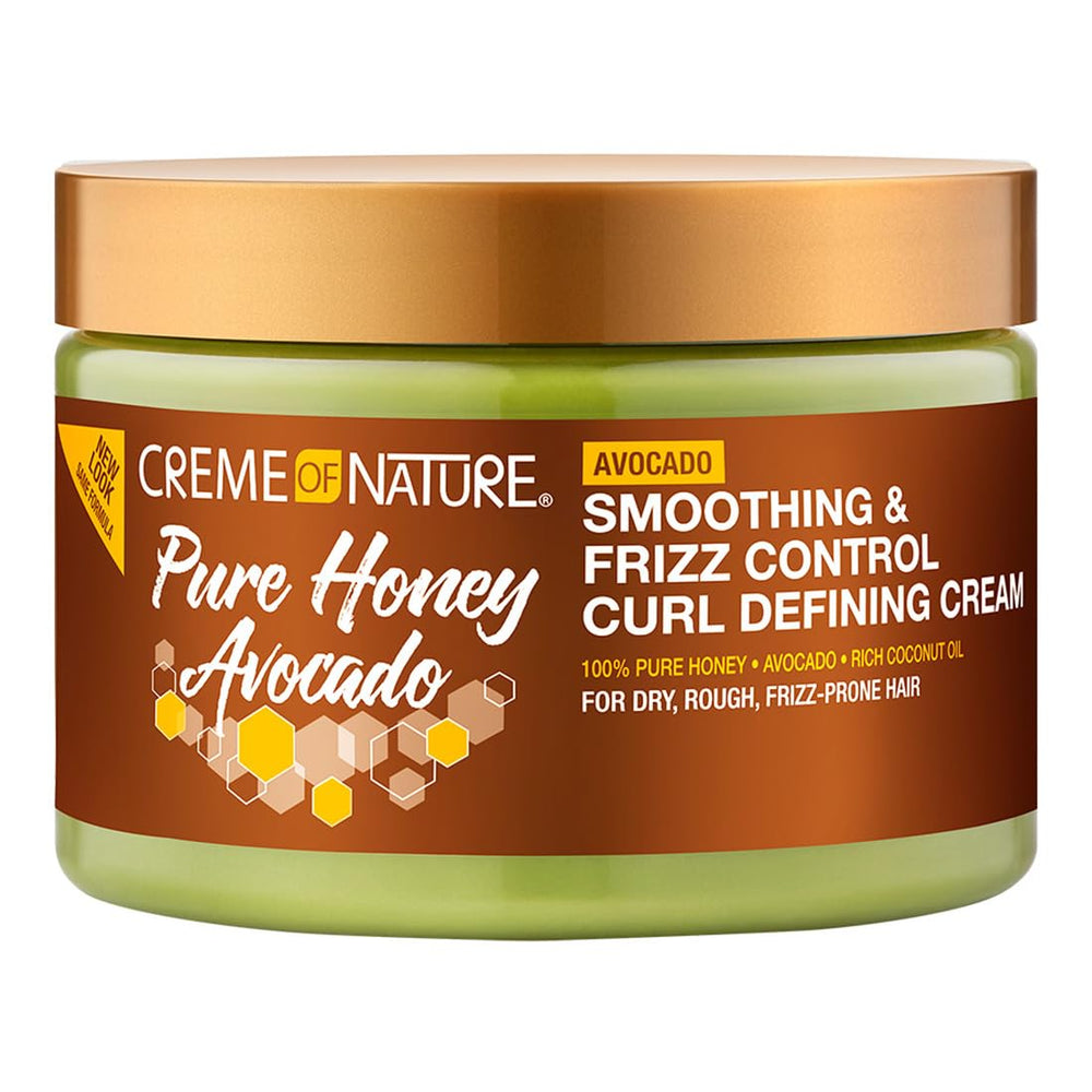 Creme of Nature jar front packaging showing label and size, highlights nourishing ingredients