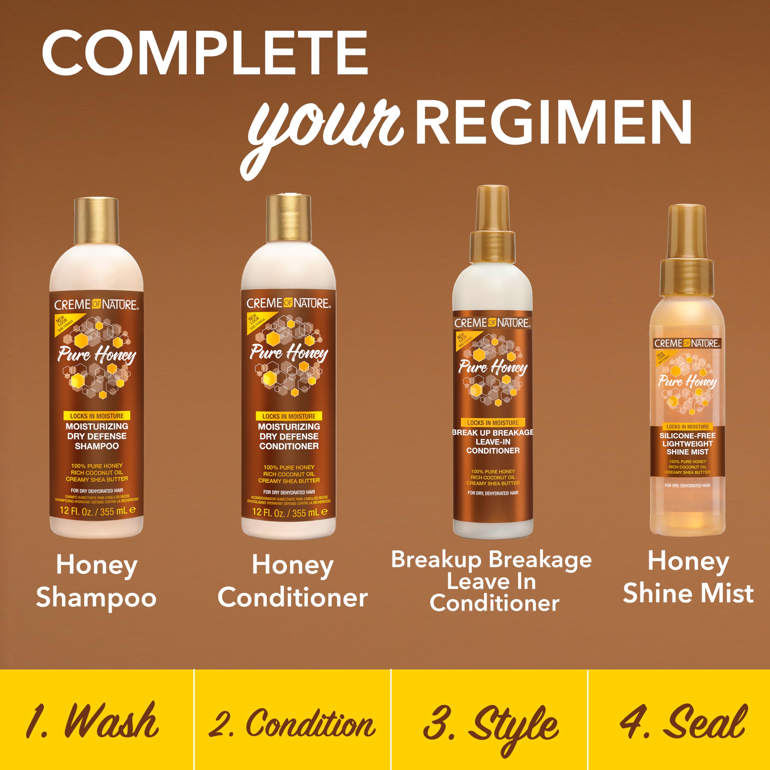 Creme of Nature bottle staged on bathroom shelf, conveys daily grooming and manageability