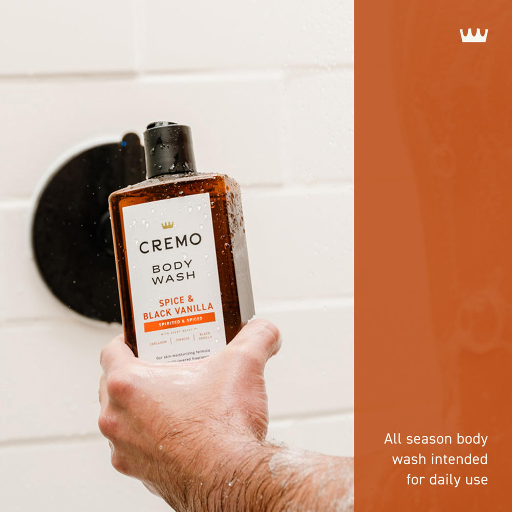 Cremo bottle on shower shelf suggesting daily use and water-resistant packaging