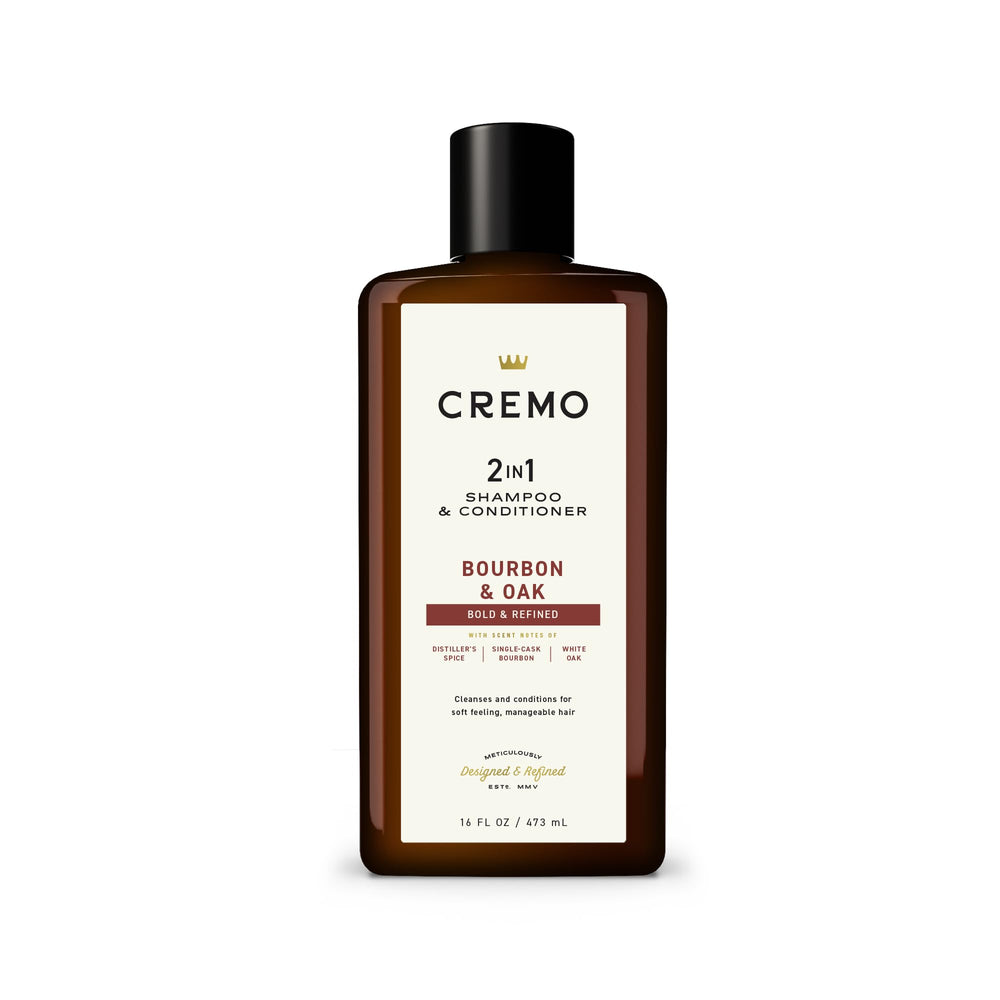 Cremo front bottle shot showing label and refined bourbon scent benefit