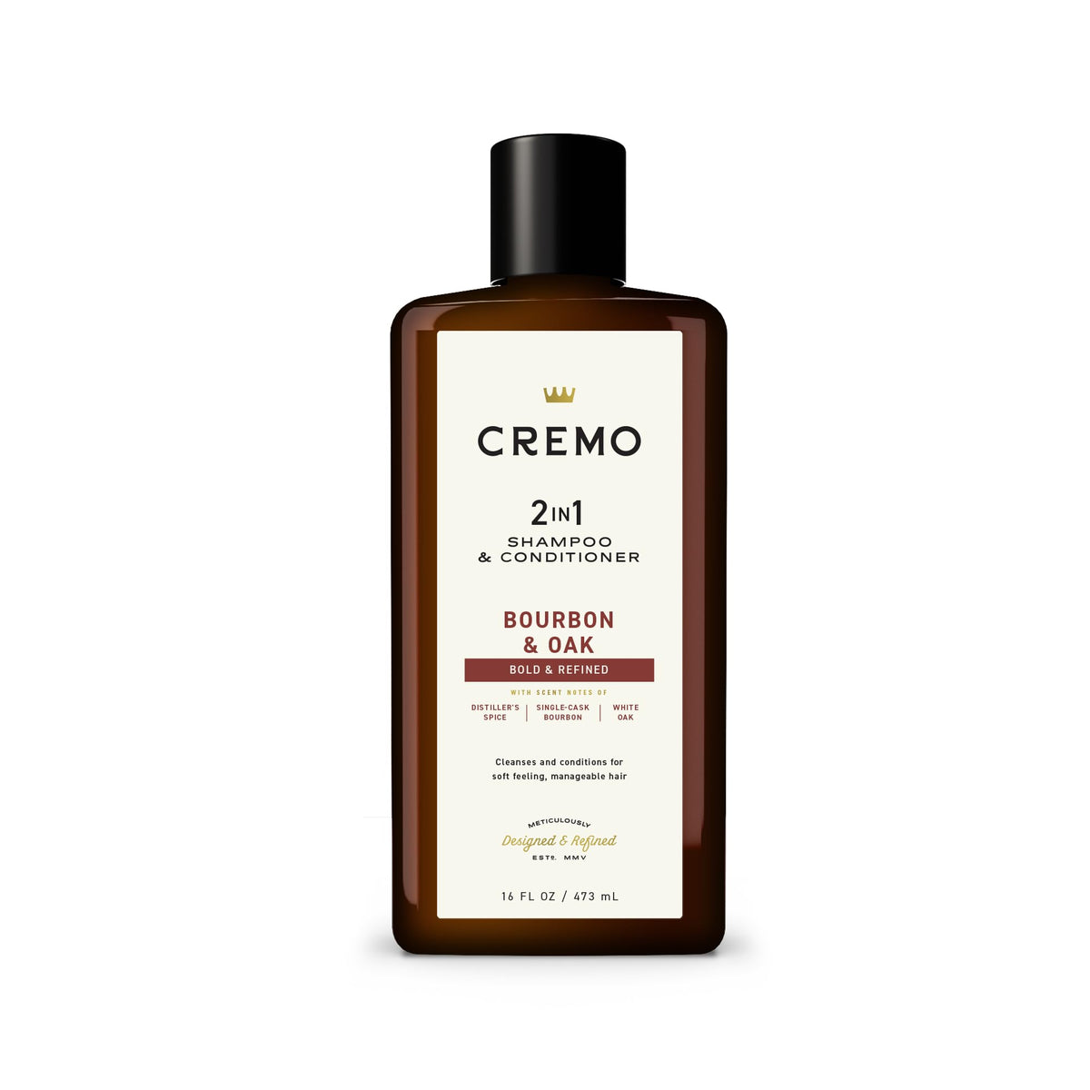 Cremo front bottle shot showing label and refined bourbon scent benefit