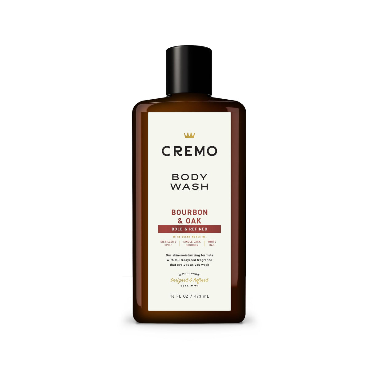 Cremo bottle front label showing Bourbon & Oak scent and 16 fl oz size benefit