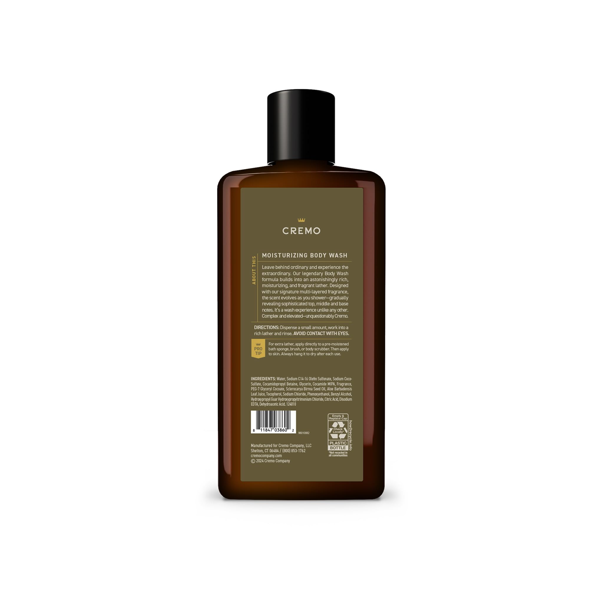 Cremo bottle next to common items showing 16 fl oz size for lasting value