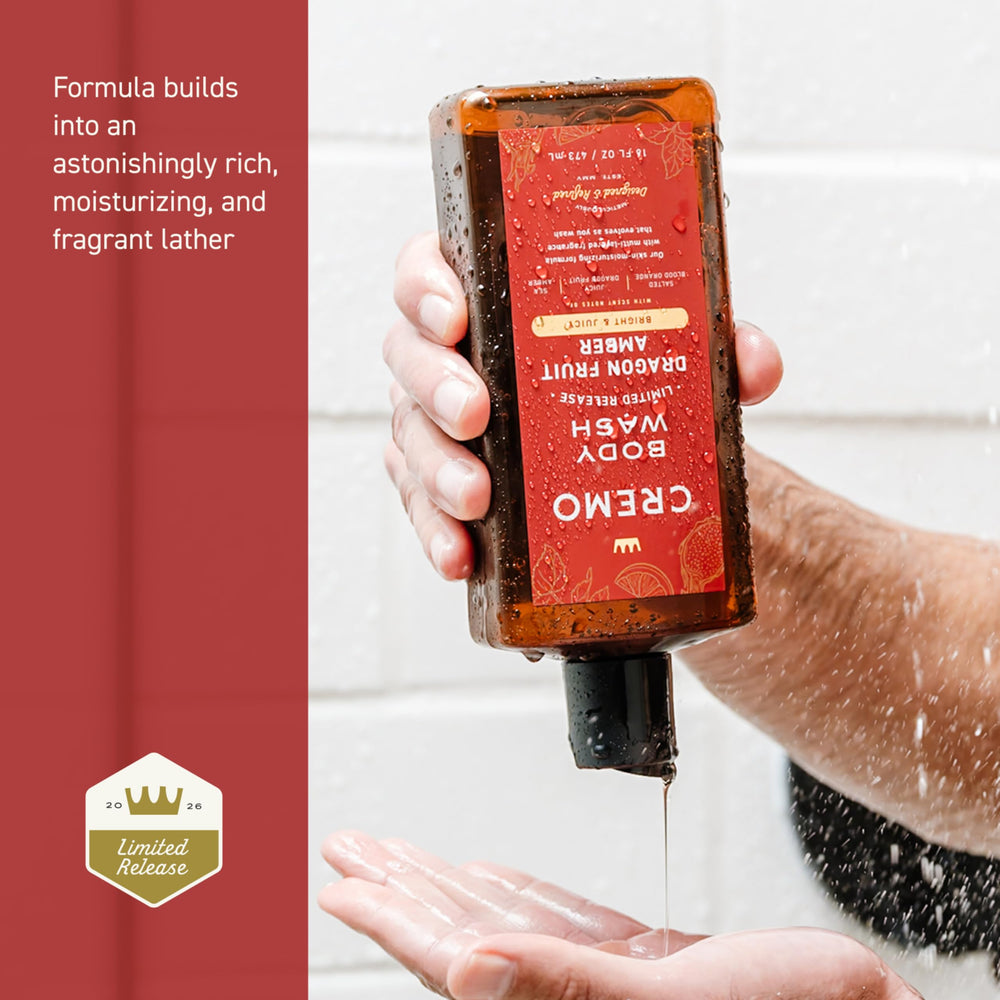 Hand holding Cremo 16 fl oz bottle to show ergonomic size and convenience benefit
