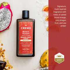 Close-up of Cremo label highlighting fragrance notes and premium formulation benefit