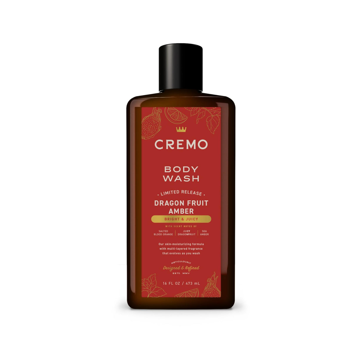 Cremo bottle front view showing dragon fruit amber scent and clear branding benefits