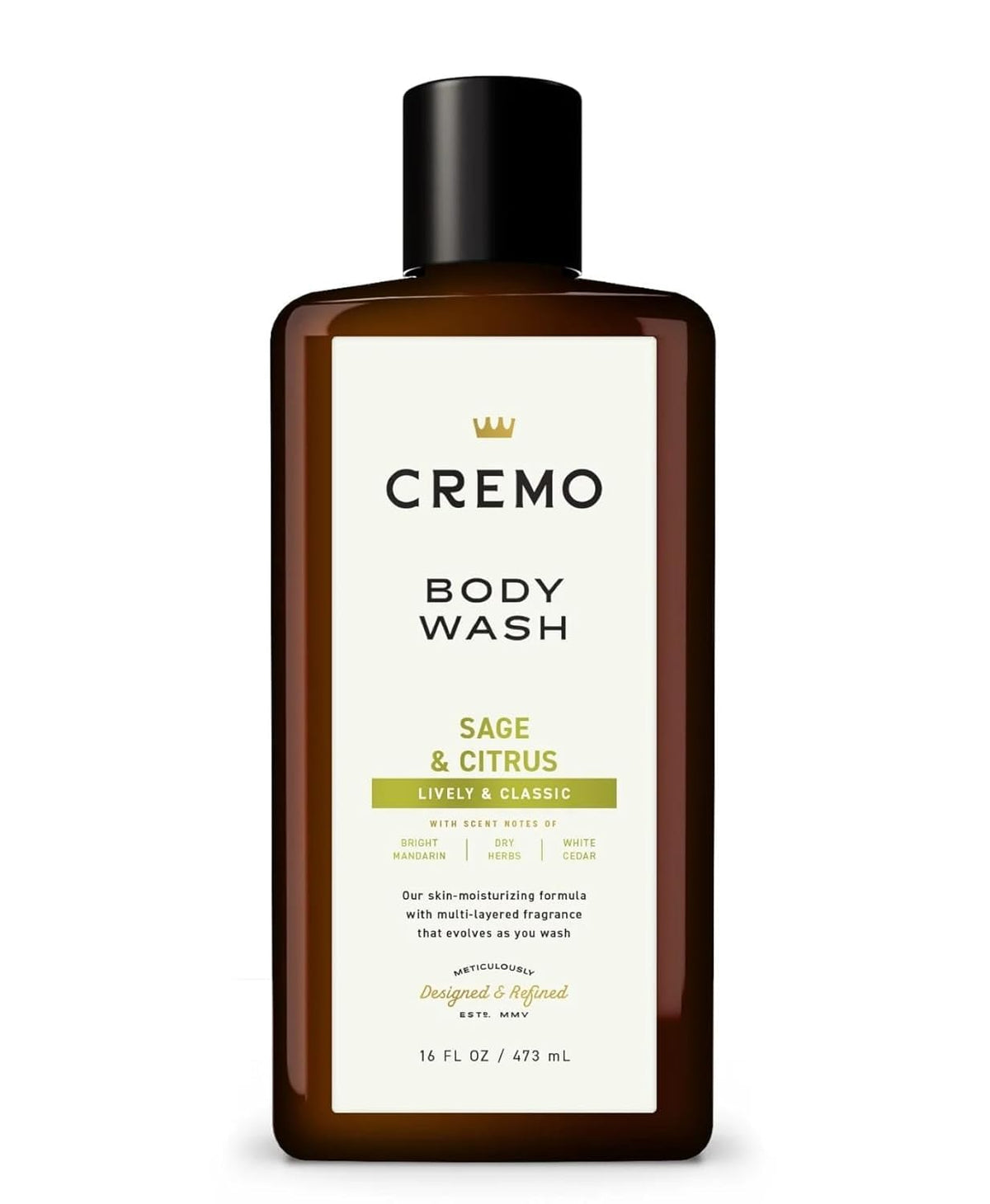 Cremo front bottle sage and citrus showing label and 16 fl oz size, refreshes skin