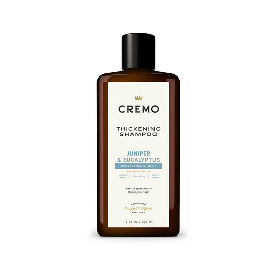 Cremo bottle front view showing label and benefit of thicker-looking hair