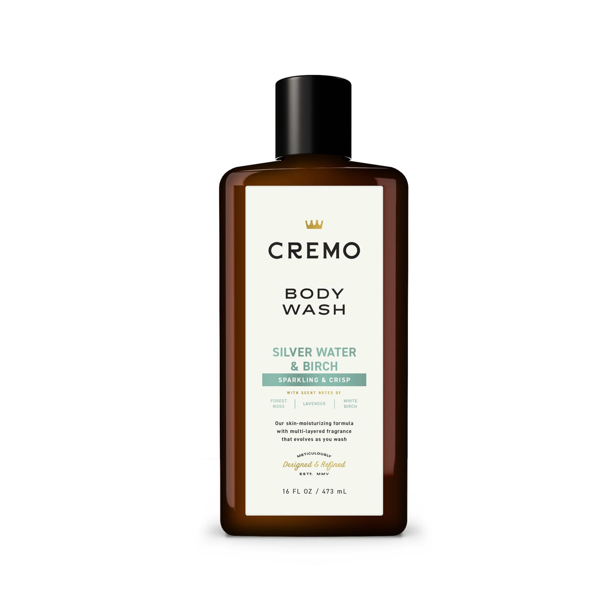 Cremo bottle front view showing Silver Water & Birch fragrance and easy-grip label providing clarity