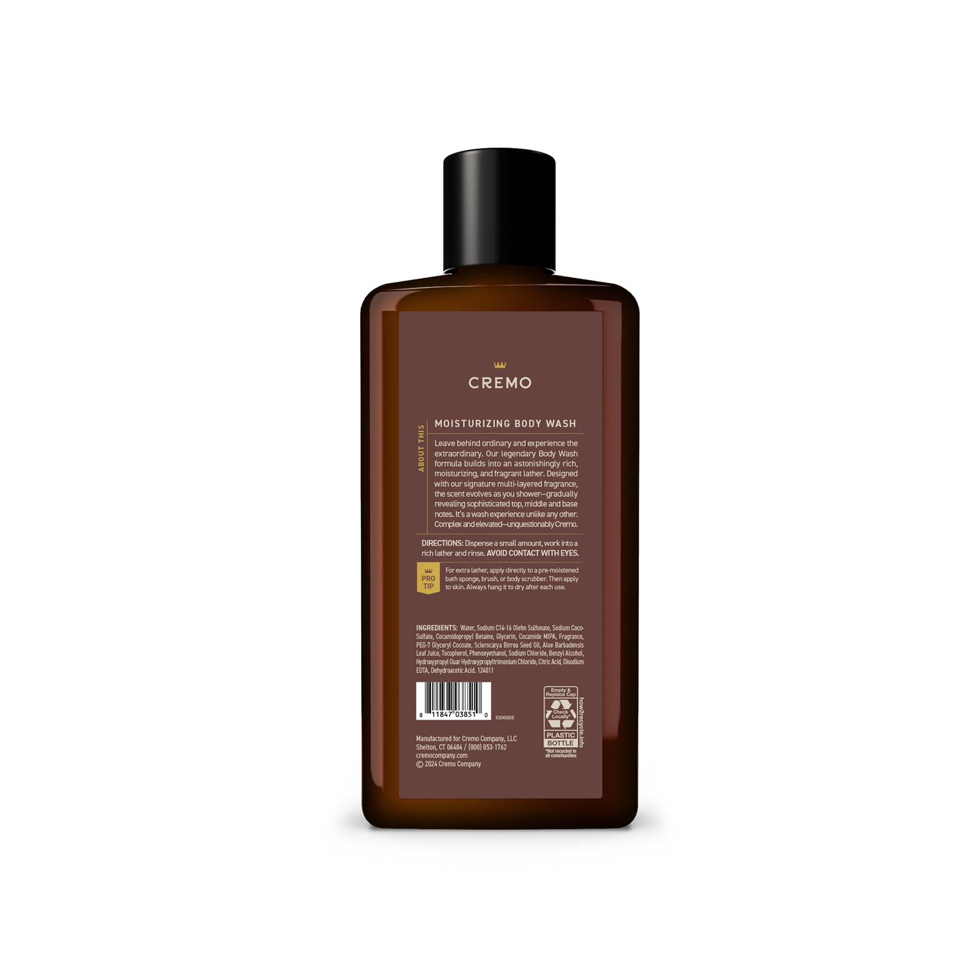 Cremo bottle in hand size comparison showing 16 fl oz scale and travel-friendly benefit