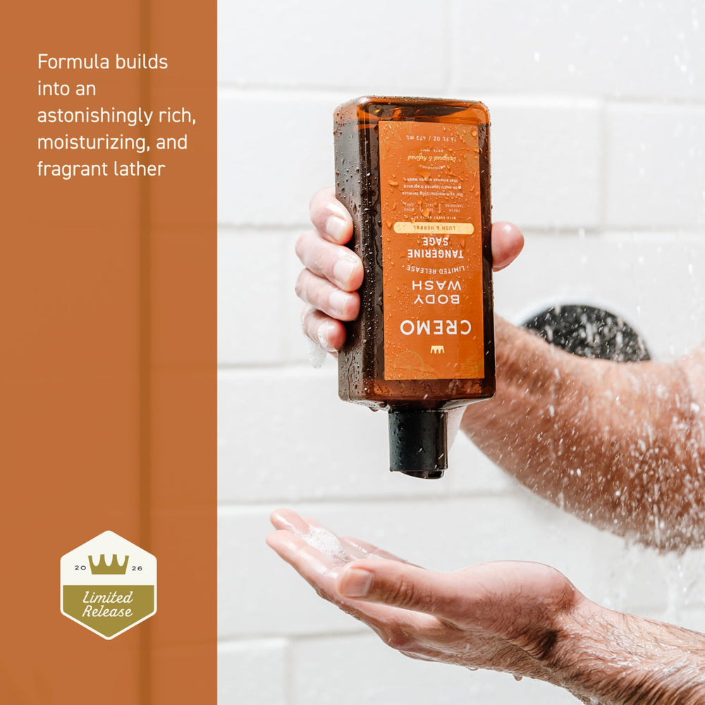 Cremo bottle in hand for scale showing 16 fl oz size and travel friendly benefit