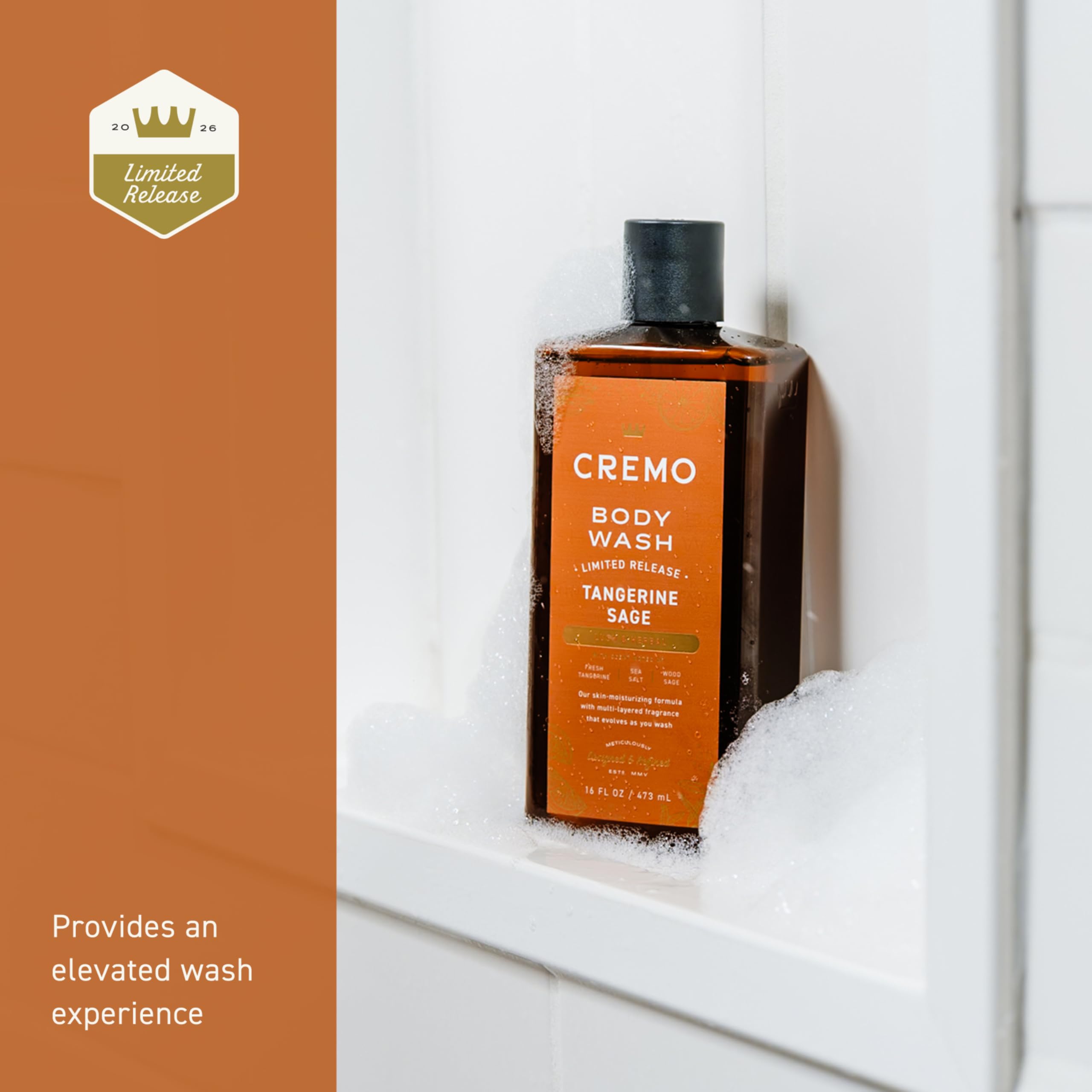 Cremo product label and ingredient panel highlighting scent notes and formula info