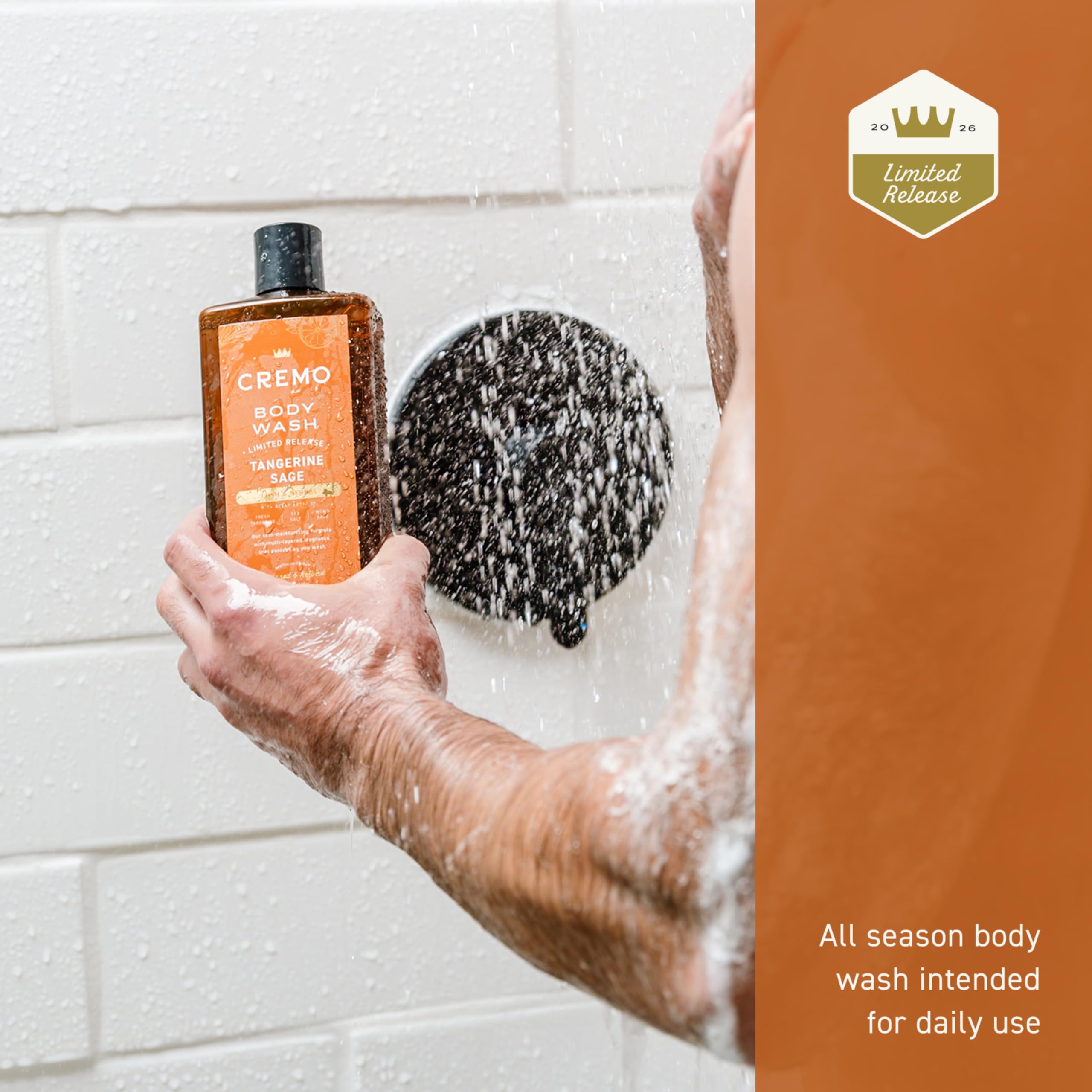 Cremo body wash in shower use with lather on skin conveying effective cleansing