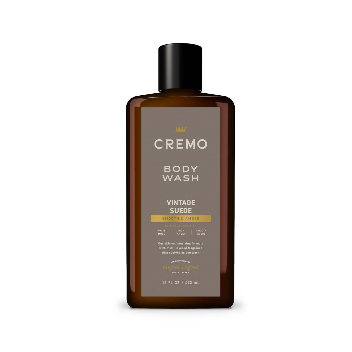 Cremo Vintage Suede front bottle showing label and 16 fl oz size with clean design benefit
