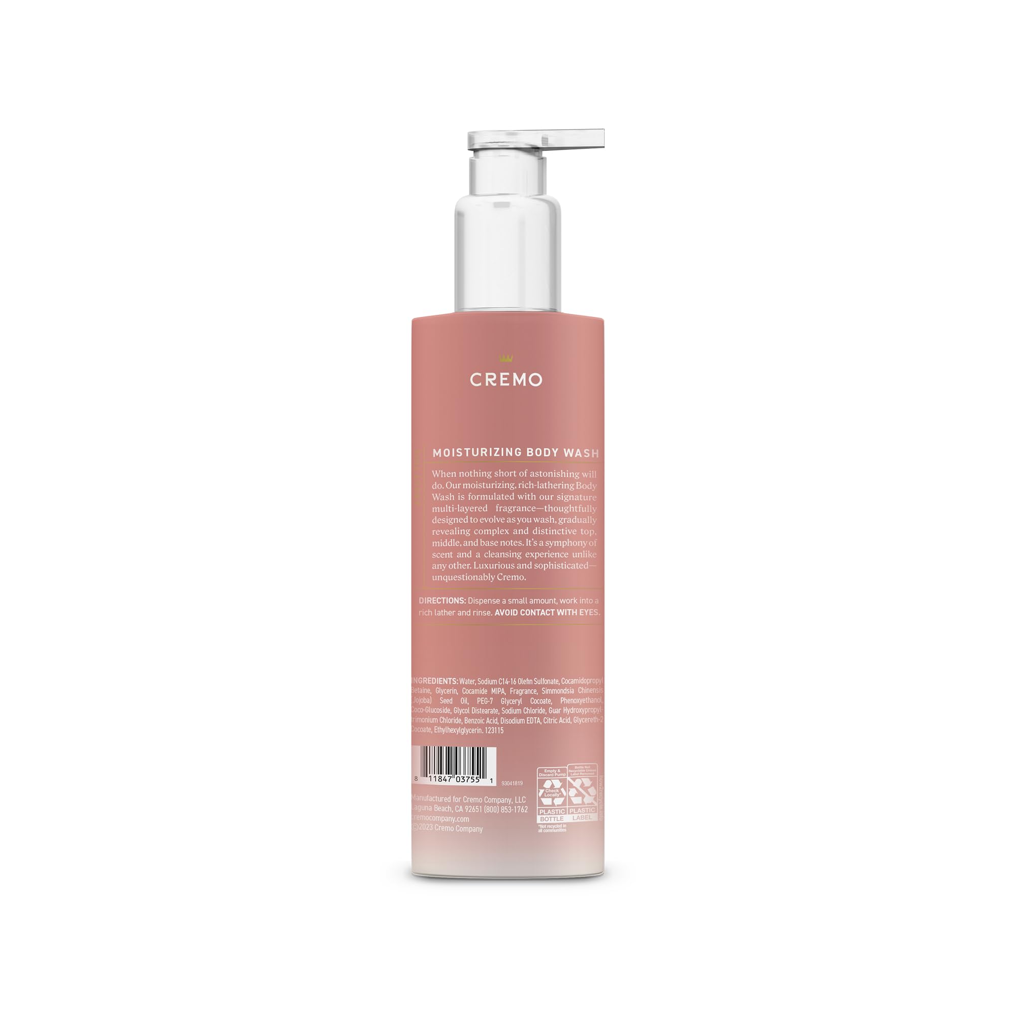 Cremo bottle in bathroom lifestyle setting suggesting a luxurious, fragrant shower routine