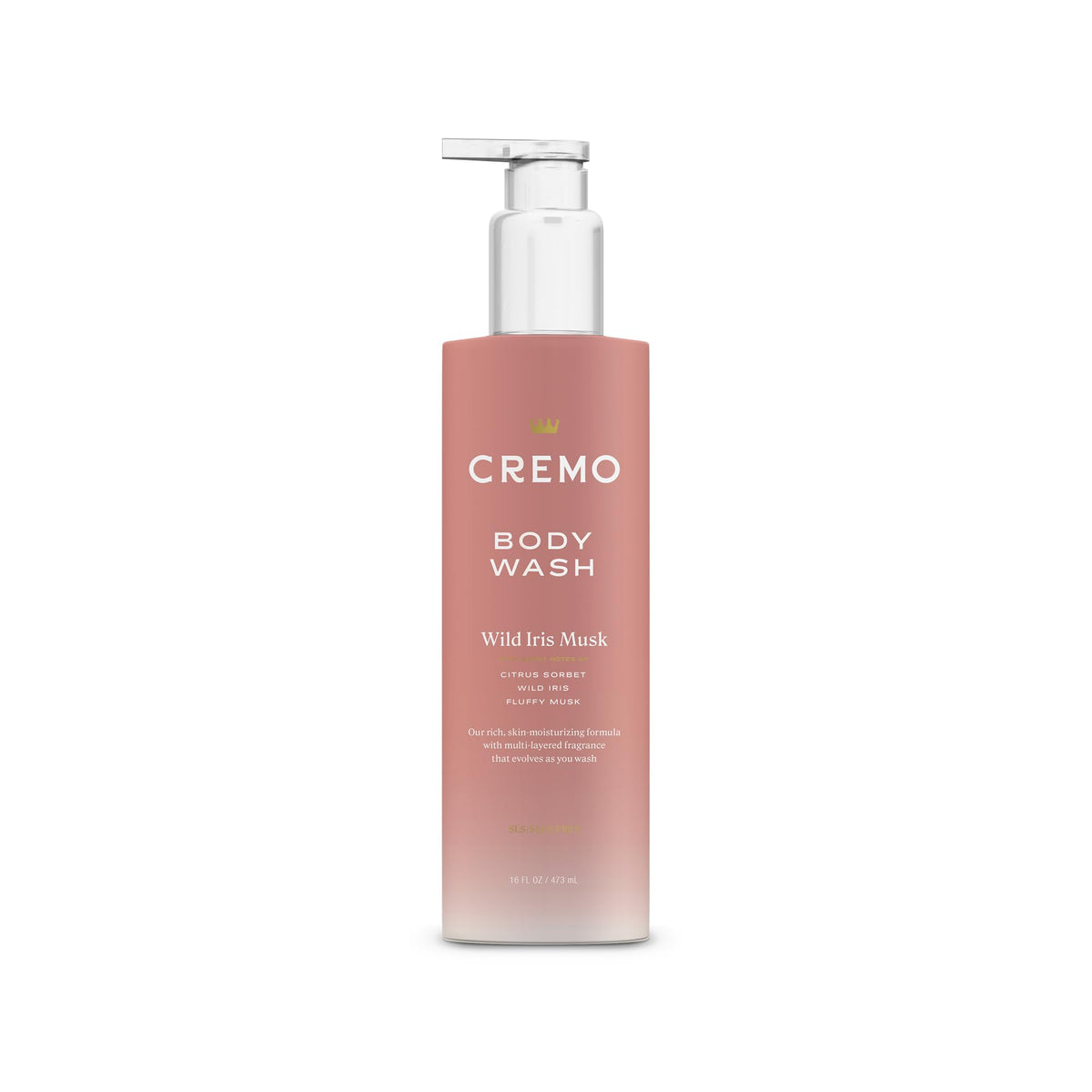 Cremo Wild Iris Musk front packaging showing label and 16 fl oz size for easy selection