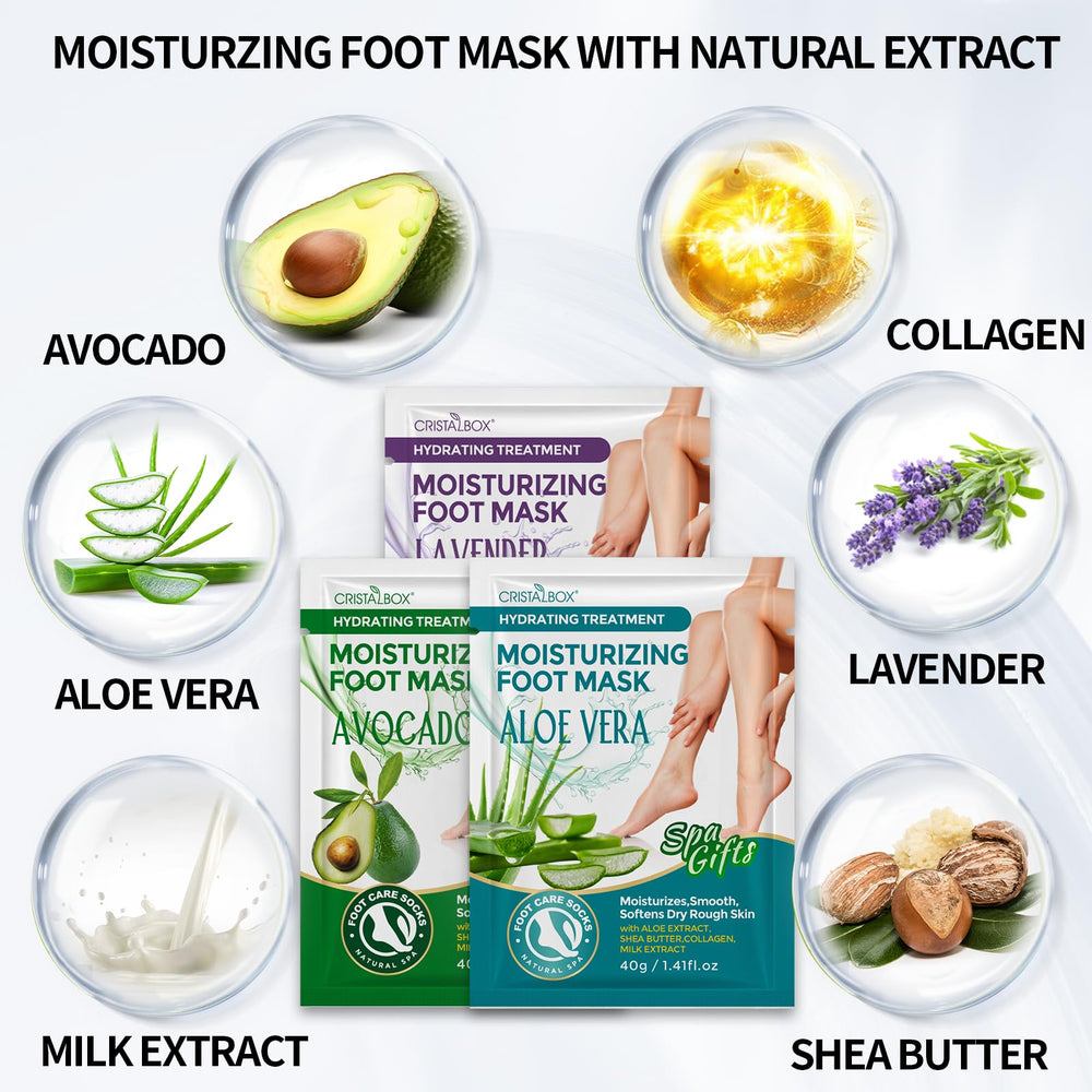 CRISTALBOX model wearing foot masks demonstrating easy application benefit