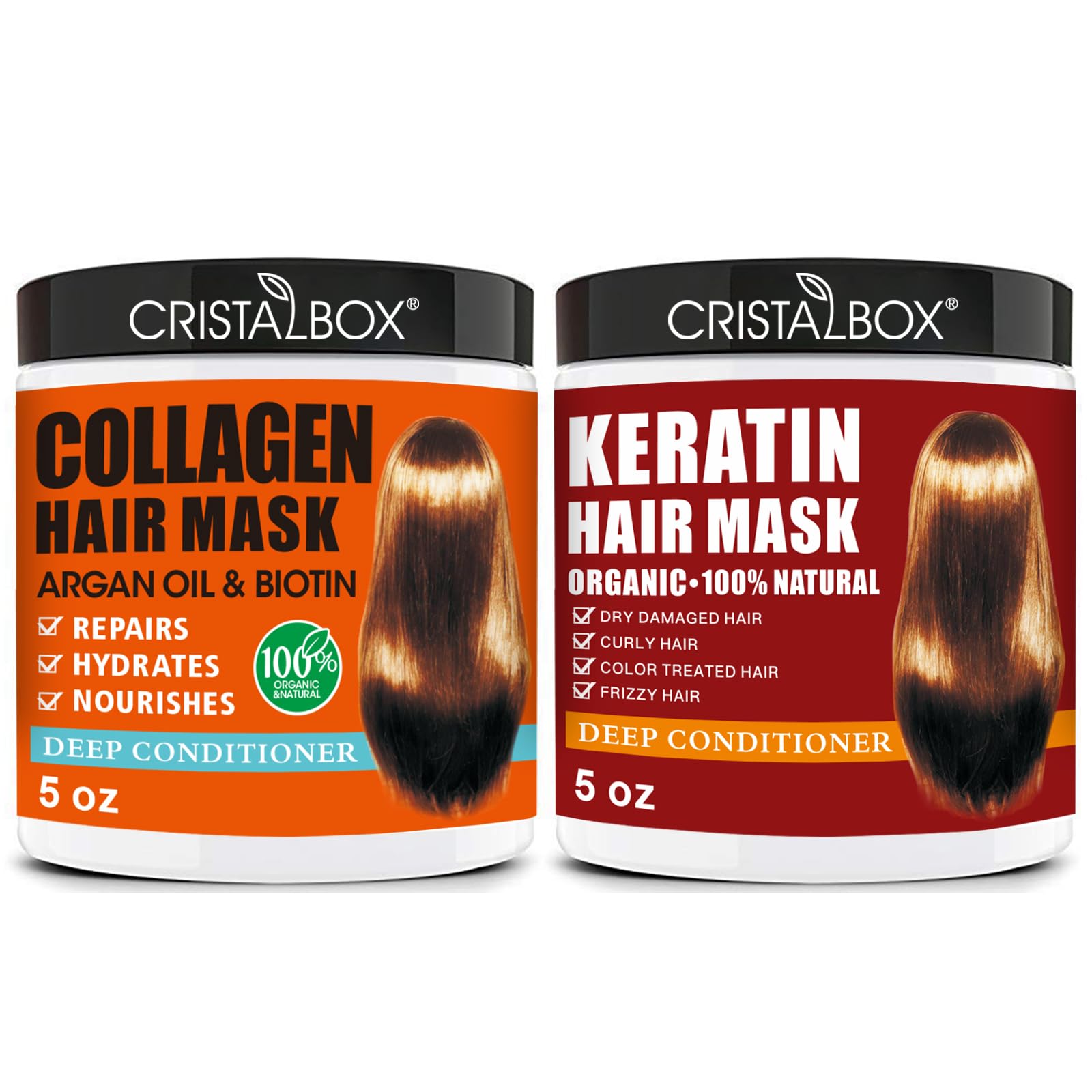 CRISTALBOX front packaging duo showing both keratin and collagen masks for at-home repair