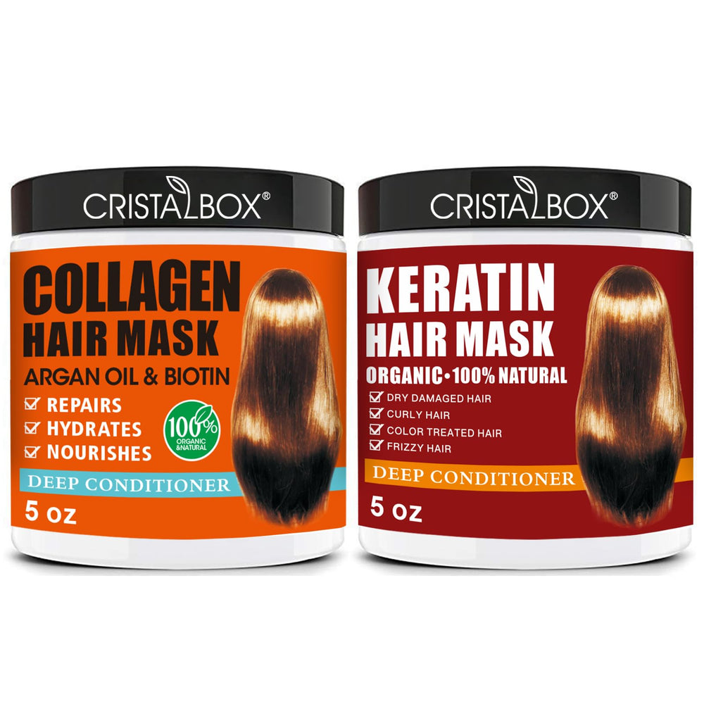 CRISTALBOX front packaging duo showing both keratin and collagen masks for at-home repair