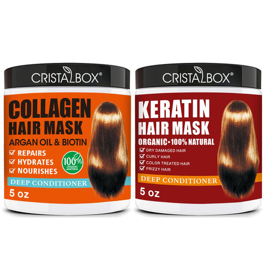 CRISTALBOX front packaging duo showing both keratin and collagen masks for at-home repair