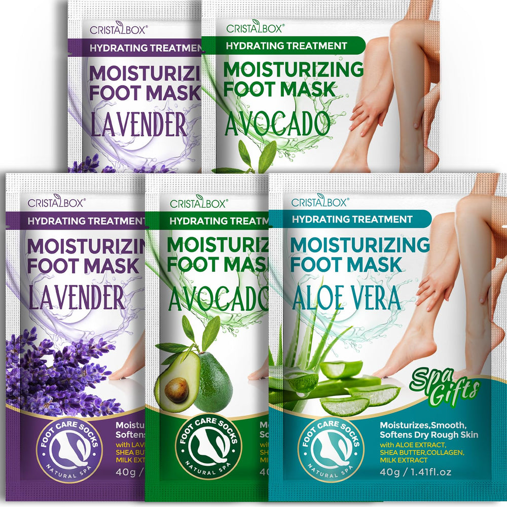 CRISTALBOX front packaging showing five foot mask packets and benefits