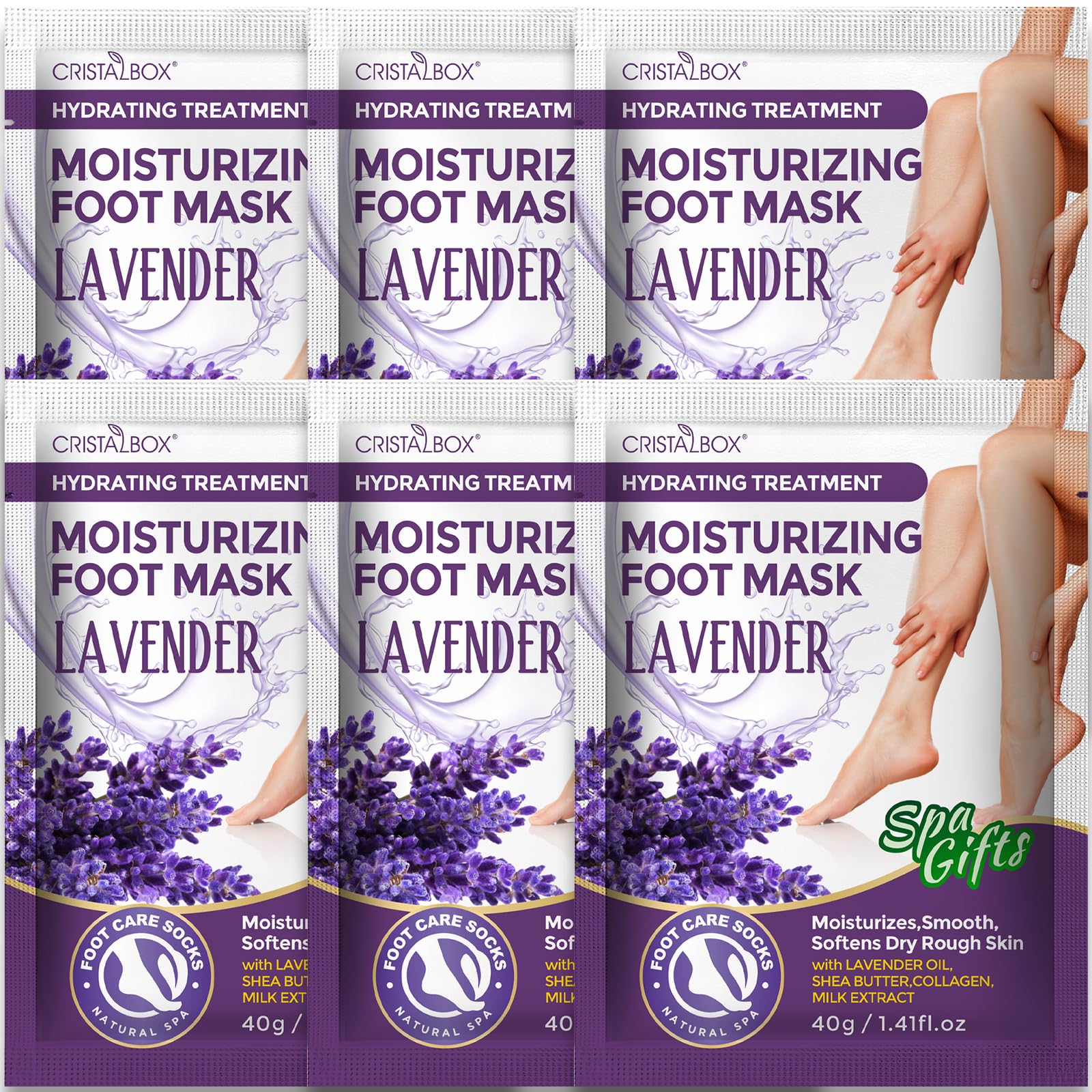 CRISTALBOX front packaging showing six moisturizing foot masks for easy selection